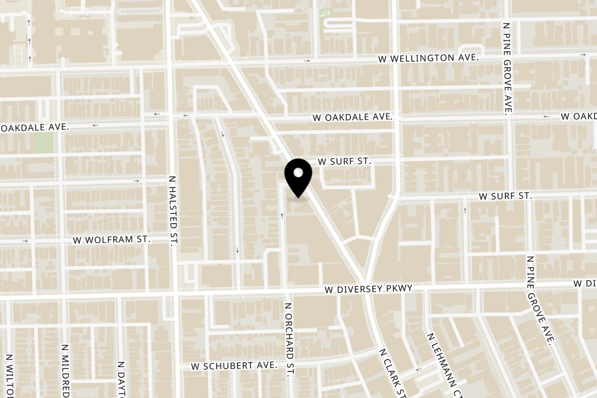 Map showing the location of Sunset Phở Caffe on 2856 N Clark St in Chicago